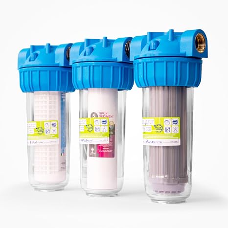 3-Piece Water Purification Filter System Attached to Spring Water Building and Flat Entrances