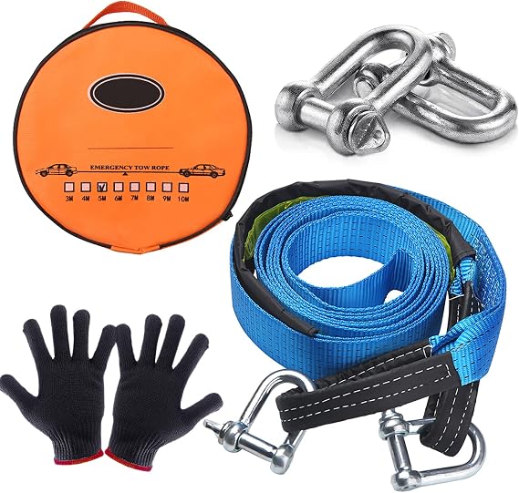 Tow Rope Sling, Resistance 9 Ton 5M Length, Solid Material, Heavy Duty Towing Vehicle Strap with 2 Shackles and Anti-Slip Gloves for Car