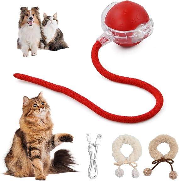 Joyan Interactive Cat Toy Ball with Bird Sounds and 2 Stretchy Plush Rings, USB Charging Electric Cat Ball with LED Light and 3 Play Modes for Indoor Cats and Kittens