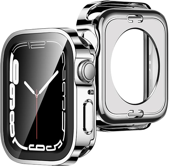 [2-Pack] 2 in 1 Case Compatible with Apple Watch Series 6 SE 5 4 44mm, Straight Edge Hard PC with Tempered Glass Screen Protector Full Coverage Protective Cover for iWatch 44mm (Silver)