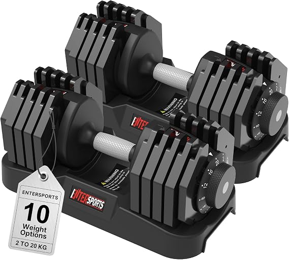 EnterSports 20kgx2 Adjustable Dumbbells, 10 Dumbbell Weights Levels(2-20kg) for Space-Saving, Anti-Slip Handle with Safety Locking Mechanism, Home Gym Strength Training Equipment for Full Bodybuilding