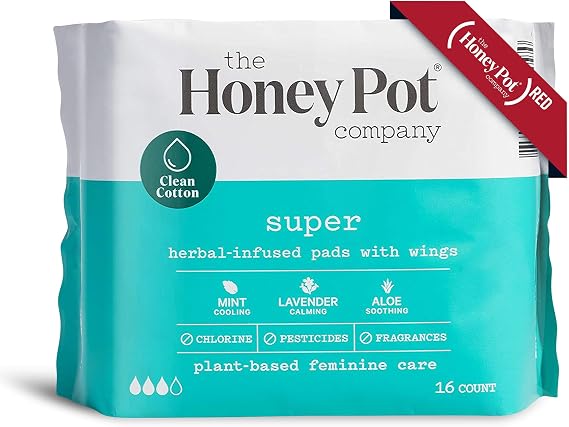 The Honey Pot Company, Herbal-Infused Pads with Wings, Super, 16 Count 