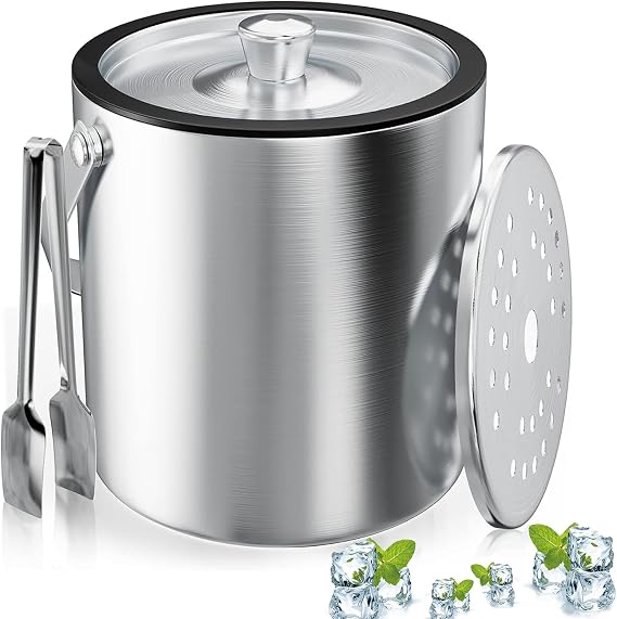 Ice Cube Tray, Round Ice Container with Strainer and Ice Tongs, 2 L Ice Cube Tray, Stainless Steel Ice Tray, Ice Cube Cooler for Bar, Party, for Storing Ice and Cooling Drinks