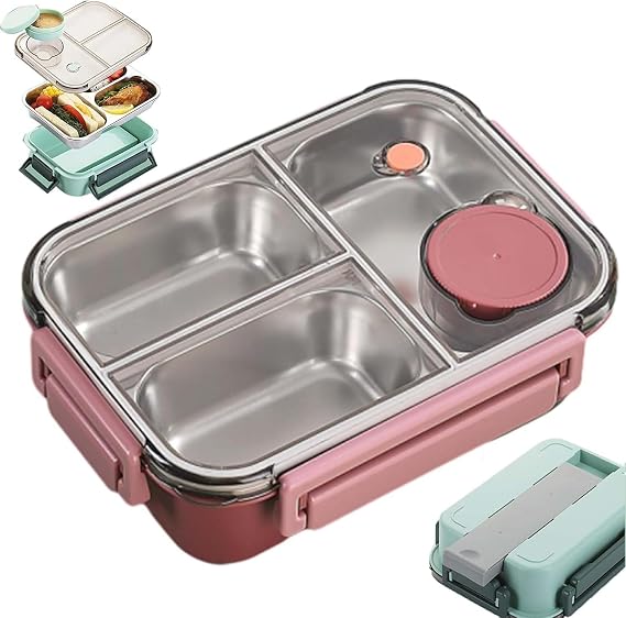 Stainless Steel Bento Box Adult Lunch Box,Large Capacity Portable Metal Lunch Container Food Storage,Sealable Leakproof Lunch Container with Divided Compartments,Dishwasher Safe (Red, 3-Grid)