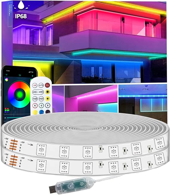 10m LED Strip Lights IP68 Outdoor Waterproof, 5V USB Powered, Music Sync Bluetooth APP/RF Remote Control Lights for Balcony,Deck,Camping,Garden,Bedroom Decor [Energy Class G]