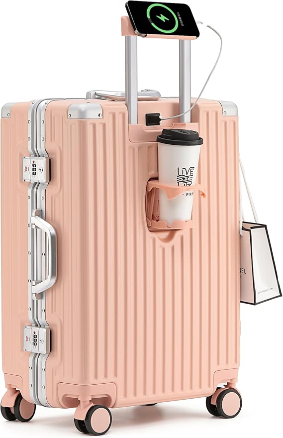 Hard Shell Suitcase Cabin 4 Wheels Small Suitcase On Wheels with USB Charger Cup Holder,Hand Luggage Case Zipperless (Pink, 20in)
