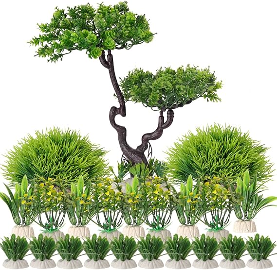 25Pcs Artificial Aquarium Plants Tree Set, Plastic Fake Aquatic Plants for Fish Tank Decorations