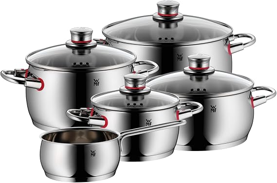 WMF Quaity One 9-Piece Cookware Set, Stainless Steel Suitable for Induction, 1 Low Saucepan 20 cm, 3 Saucepans 16 cm, 20 cm and 24 cm, 1 Saucepan 16 cm with 4 Glass Lids