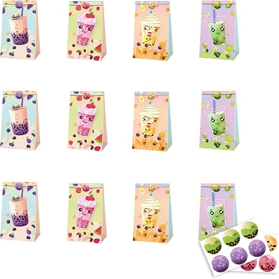 12-Pack Boba Tea Party Bags With Stickers - Boba Tea Birthday Party Supplies