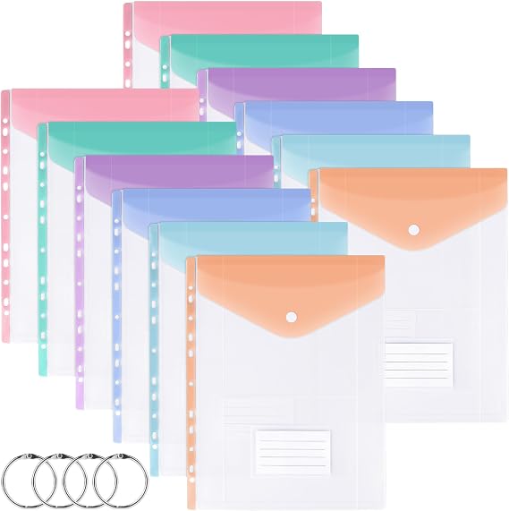 Aodaer 24 Pack Plastic Wallets A4 Horizontal Punched Pockets with 11 Holes Binder Rings Expandable Punched Sheet Folders with Button for Office,