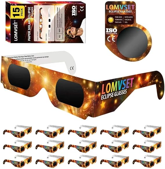 Pack of 15/30 Eclipse Solar Glasses ISO 12312-2 CE - 2026 Certified Safe Solar Eclipse Glasses UV and Infrared Protection for Adults and Children + Mobile Filter