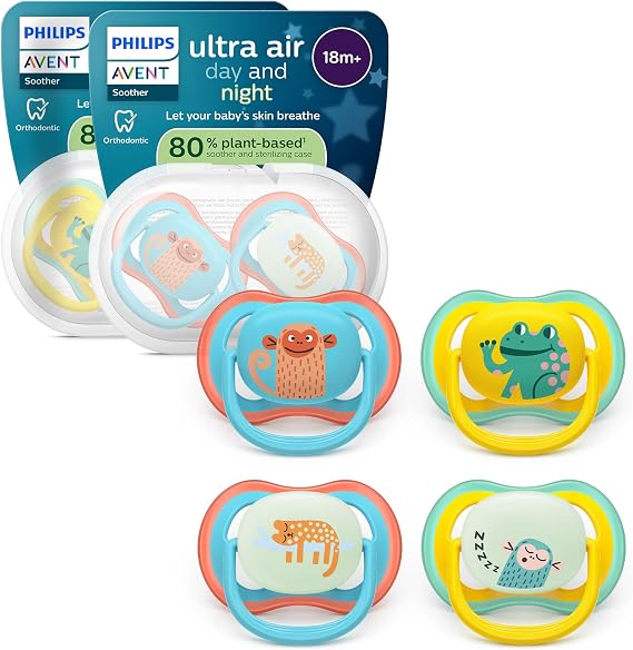 Philips Avent Ultra Air Pacifiers Day & Night: Anatomically Designed for Babies 18+ Months, Glow in the Dark Model, Extra Firm Symmetrical Teat, BPA Free, 4 Pack SCF349/56