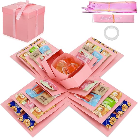 Pink DIY Explosion Gift Box, 5 Layer Surprise Box for Anniversary, Birthday, Diy Gift Box with Tapes, Creative Explosion Box Container for Memories, Personalised Gift Boxes