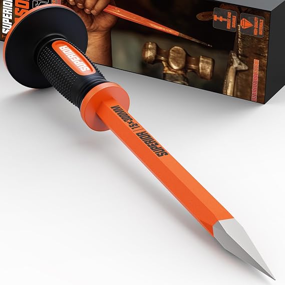 Pointed Chisel 30 cm with Hand Guard Masonry Chisel for Breaking and Tearing Concrete Bricks Rocks and Stones