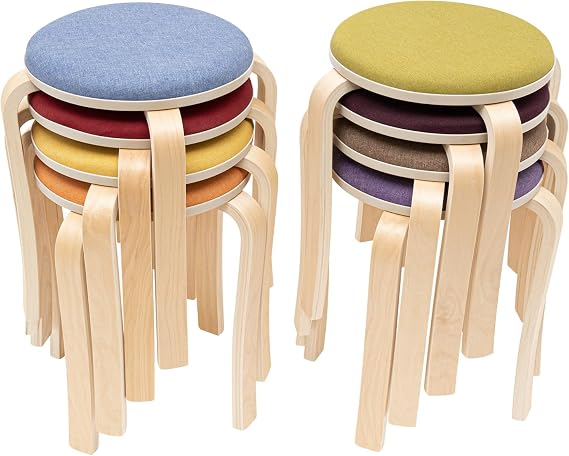 Stackable Round Stools Set of 8 Stacking Wooden Stool Round Bar Stool with Cushioned Seat &Non-Slip Mats Breakfast Dining Seats Kitchen Dining Chair for Home Kitchen Backyard Office Pub
