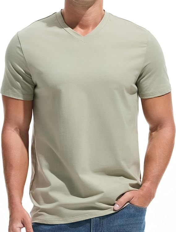 VEIISAR Men's Basic V-Neck T-Shirt, 190 g/m², Regular Fit, Solid Color, Stretchy Material, Soft Basic T-Shirt