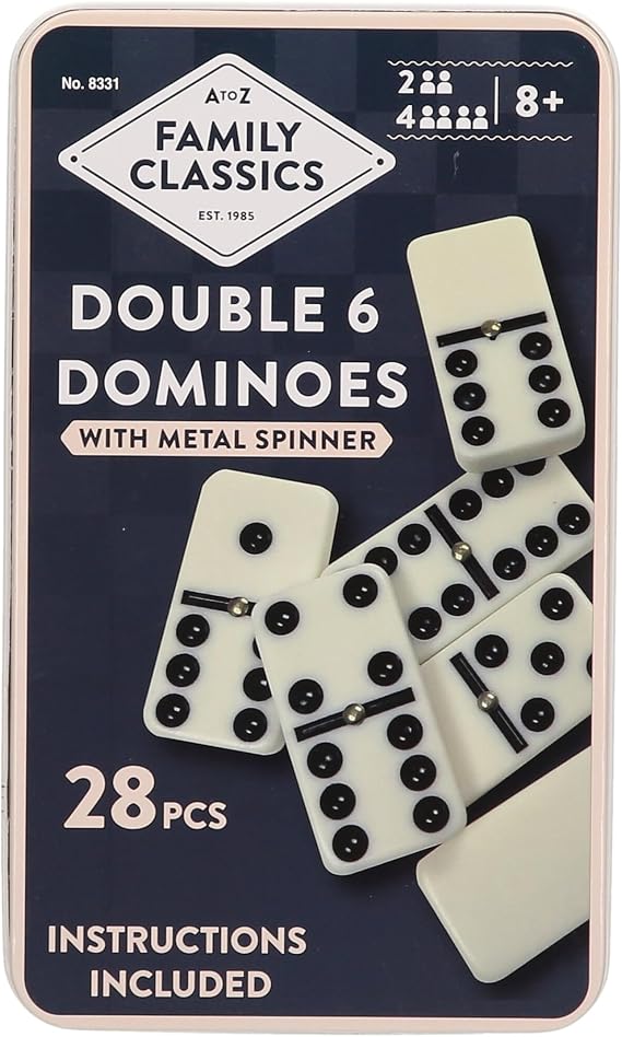 Family Classics Double 6 Dominoes Set with Metal Spinner, 28 Pieces, Ages 8+, 2-4 Players