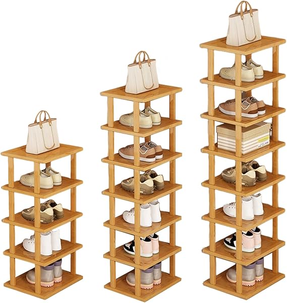 Wood Vertical Shoe Rack, Narrow Tall Shoe Storage Organiser with 5/7/8 Tiers, Slim Tall Shoes Tower, Freestanding No-Tool Assembly, Space Saving Shelf for Entryway Hallway Bedroom Corner S
