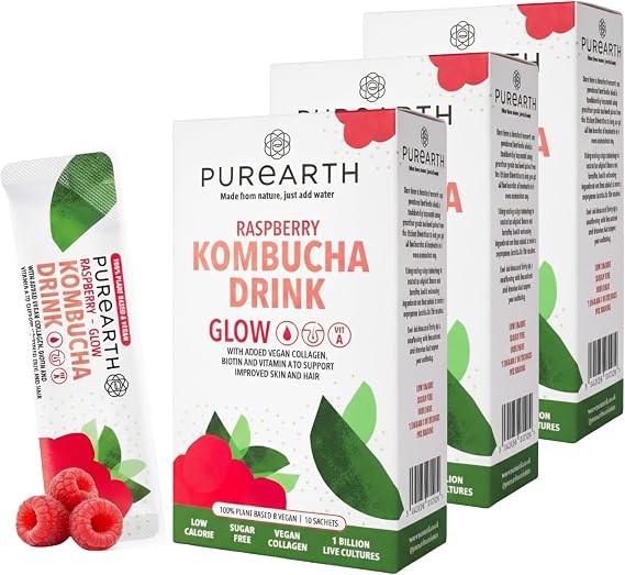 Purearth Kombucha Drink Powder for Glowing Skin | Vegan Collagen & Biotin Sachets | Raspberry Flavor | Gut Health, Hydration & Energy Support | Sugar-Free Rehydration | 30 Sachets