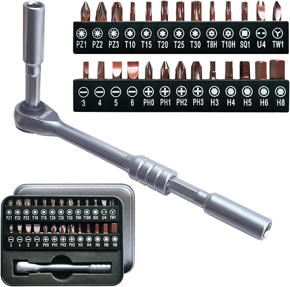 29 in 1 Mini Ratchet Screwdriver Set, Right Angle Screwdriver,Short Offset Screwdrivers with Phillips, Flat, Torx, Hex, Square,Pozidriv S2-Alloy Steel Bits(60-Teeth)