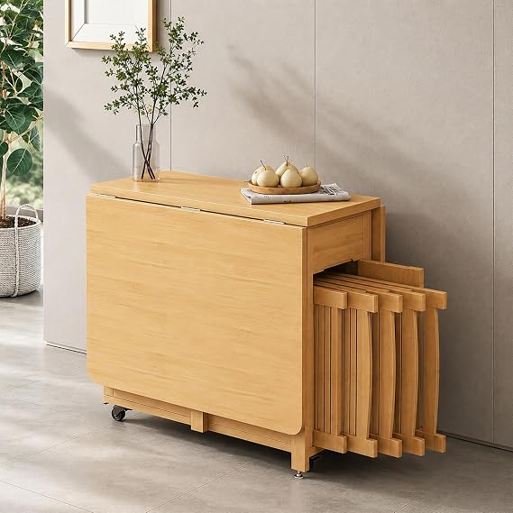 Bamboo Drop Leaf Table and Chairs, No Assembled, Space Saving - Wood