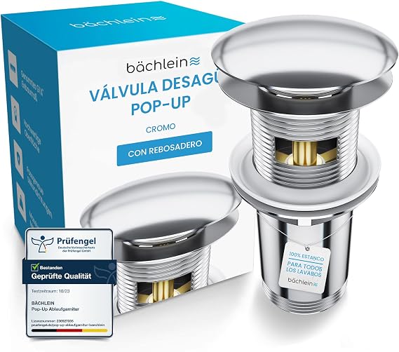 Bächlein Universal Drain with Overflow for Washbasin & Sink - Chrome Automatic Pop Up Valve - Includes 3 Seals for All Types of Washbasins, Drain Valve - Installation with Instructions