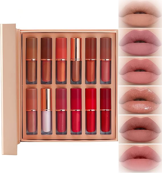 Liquid Lip Colour Set, 12 Assorted Nude, Pink, Brown And Red Shades, Boxed