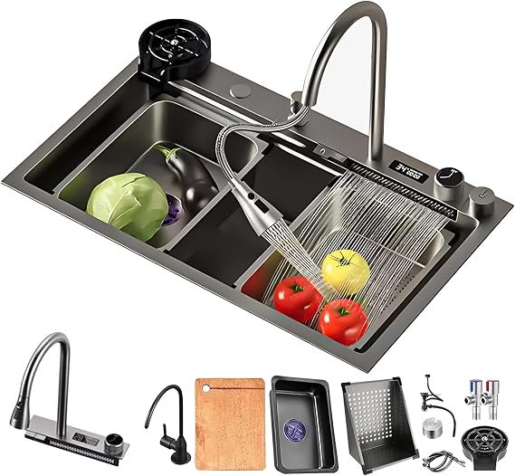 Kitchen Waterfall Sink Workstation - with Waterfall Faucet, Pressurized Coaster and Dishwashing Accessories, Black Waterfall Stainless Steel Large Single Bowl Sink(75x45x22cm)