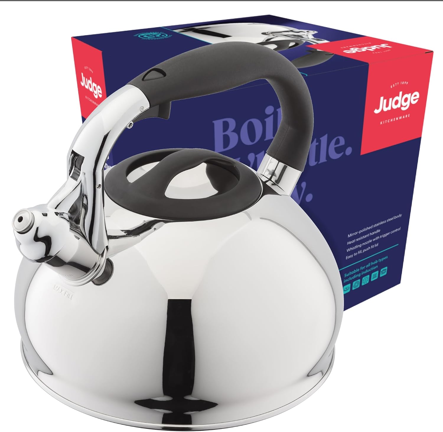 Judge 3L Stovetop Kettle - Stove Top Kettle for Gas Stoves & Electric Hobs - 1810 Stainless Steel Whistling Kettle with Heat Resistant Handle - Non-Drip Spout - All Hob Types Including Induction