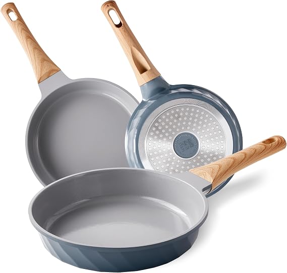 RIOVARM Induction Pan Sets Ceramic Non-stick PFOA Free Cookware 20 cm 24 cm 28 cm Tortilla Pans with Bakelite Handles Wood Look Grey and Blue