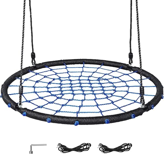 Spider Web Saucer Tree Swing, 450lbs,Adjustable Heightfor Kids and Adults, Outdoor Net Swing with Steel Frame and 2 Hanging Straps (Blue-100cm)