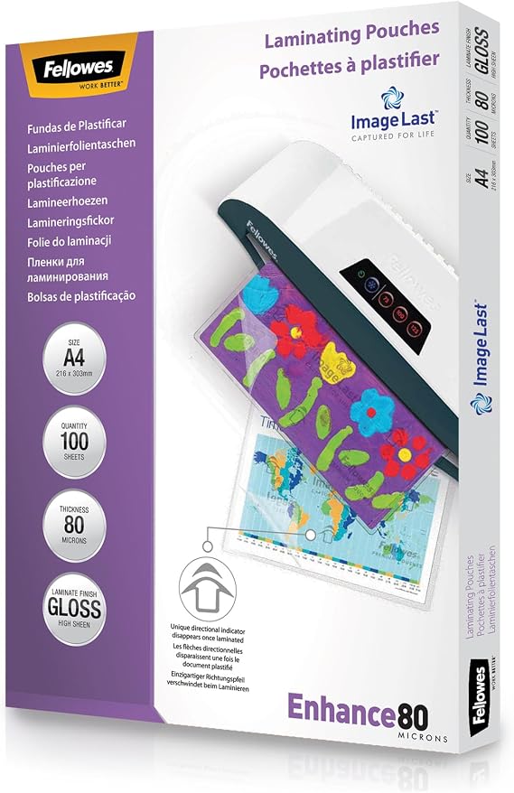 Fellowes Pack of 100 A4 Gloss Laminating Pouches A4 80 Micron with ImageLast Directional Arrows Laminating Pouches Suitable for Photos and Notices