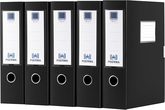 Box Files A4, 5 Pack Folding Plastic Filing Boxes, 75mm Spine, Black