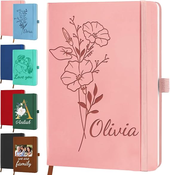 Personalised Leather Journal with 7 Engraved Designs & 8 Colors - A5/B5 Customisable Name/Text/PhotoTravel Notebook for Women Men, Business Gifts, Students, Teachers