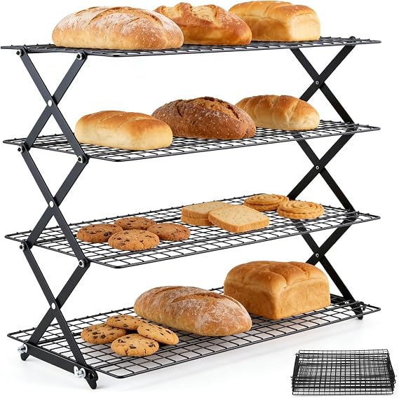 4 Tier Cake Rack Cooling Rack Foldable Cake Rack Non-Stick Coating Rectangular Stackable Baking Rack Cooling Rack Suitable for Baking Cooking Roasting and Drying Biscuits Cakes etc