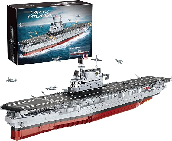 muuchuu Military Battleship Building Block Adults Toy Set, USS CV-6 Enterprise Warship Model Kit with Display Stand, Big WW2 Technics Watercraft, Boys Girls Gifts Collector Decor (1883 PCS)