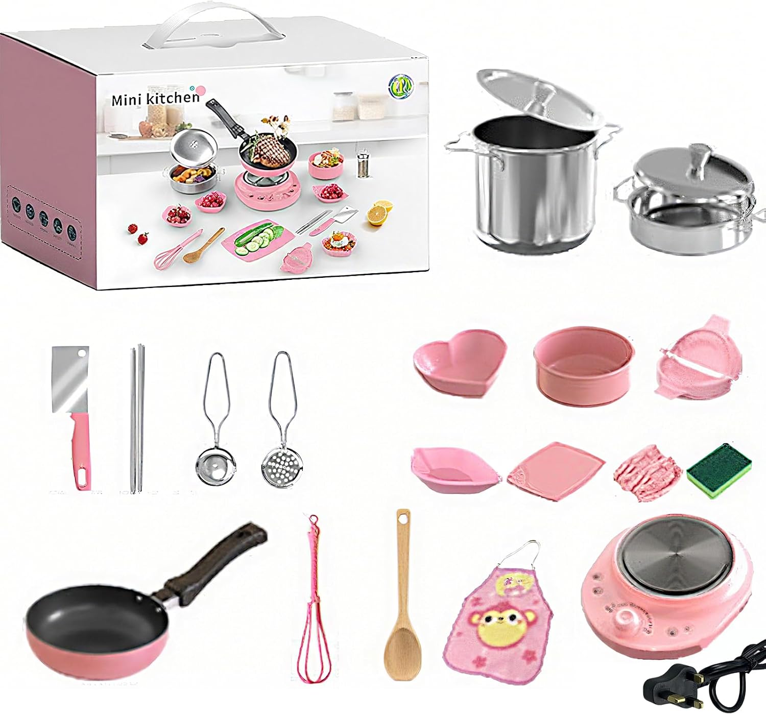 22Pcs Cooking Mini Kitchen Toys, Real easy Bake Cook Set, Pretend Play Pots Pans Accessories Tool or Beginner Cooking Education (pink)