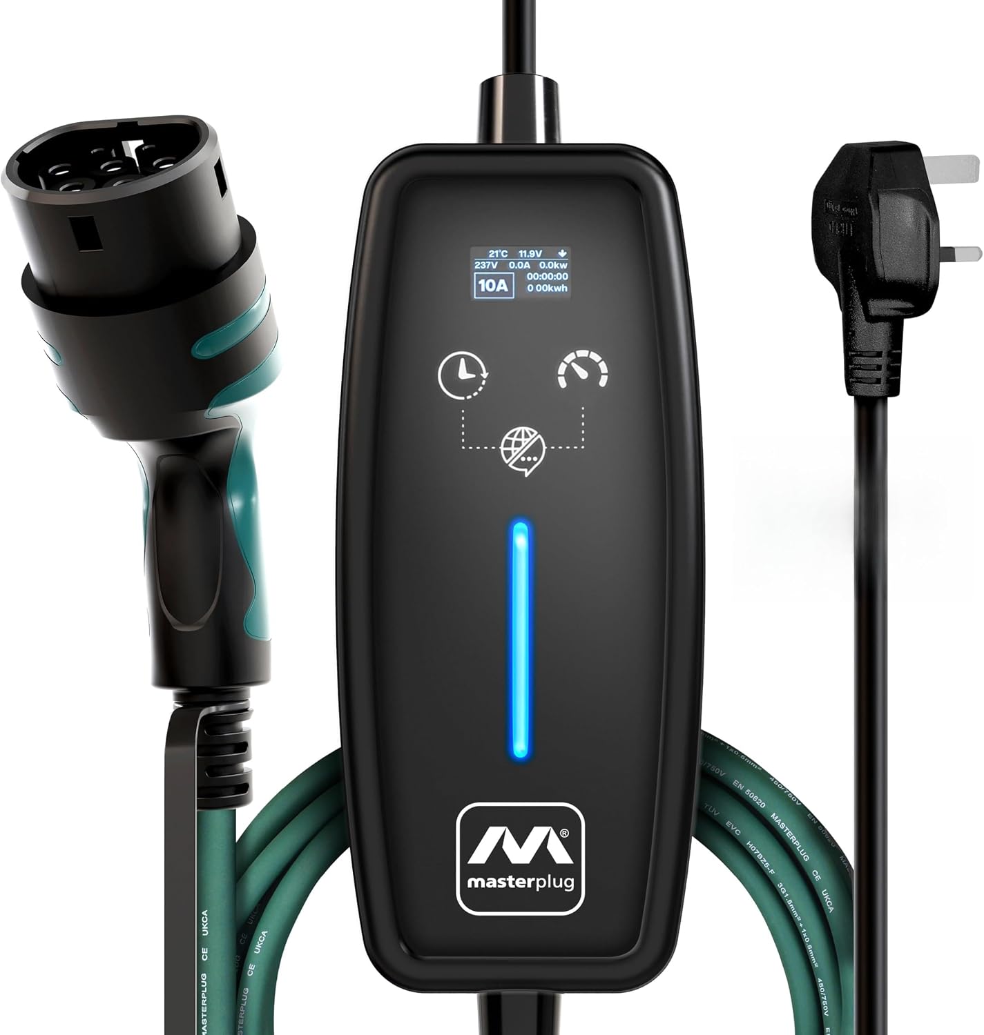 Masterplug EV Charging Cable for Electric and Hybrid Vehicles, 5 Metres, Mode 2, Delay Charging Function, 3 Pin UK Plug to Type 2 Car Charger, Language Options, 2.4kW, EVCM221005-MP2
