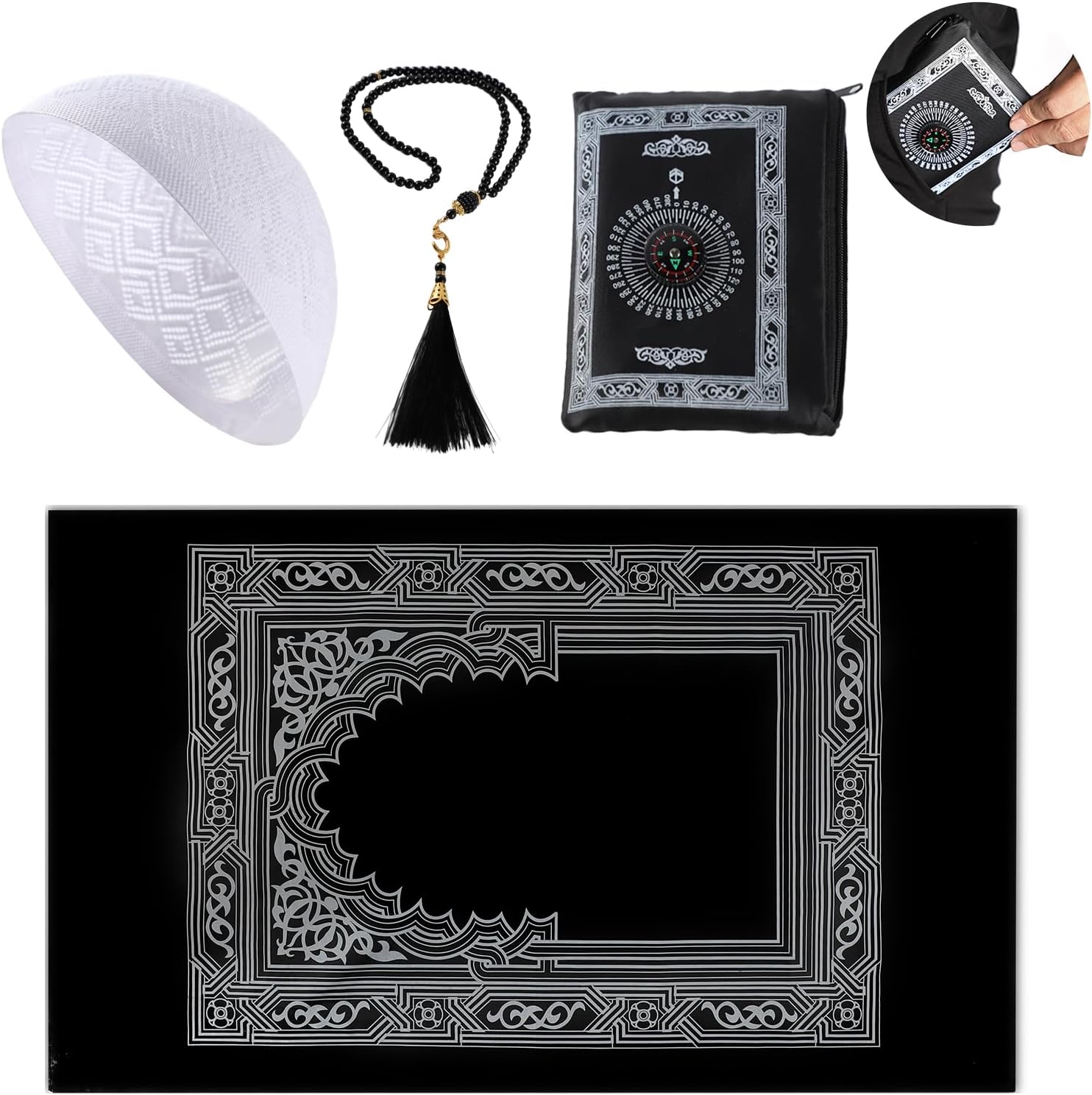 Kufi Hats for Men ポータブル旅行祈りマット イスラム教とタスビ祈りビーズセット、イスラム教のギフト、イスラム教徒のギフト、イードムバラクギフト、ラマダンギフト、イスラム教徒の祈りの敷物、イスラム教徒のキャップ、イスラム教徒の祈りのビーズセット