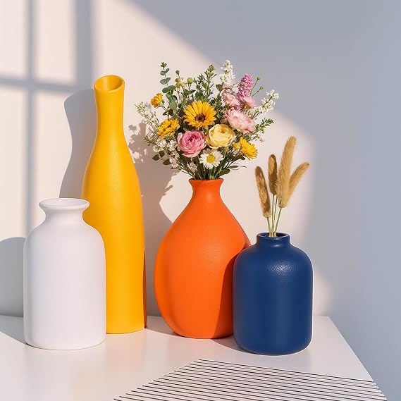 Multi-Color Ceramic Small Bud Vases Set of 4, Modern Minimalist Style, White Yellow Orange Blue Vases for Rustic Home Decor, Living Room, Dining Room, Mantel, Entryway