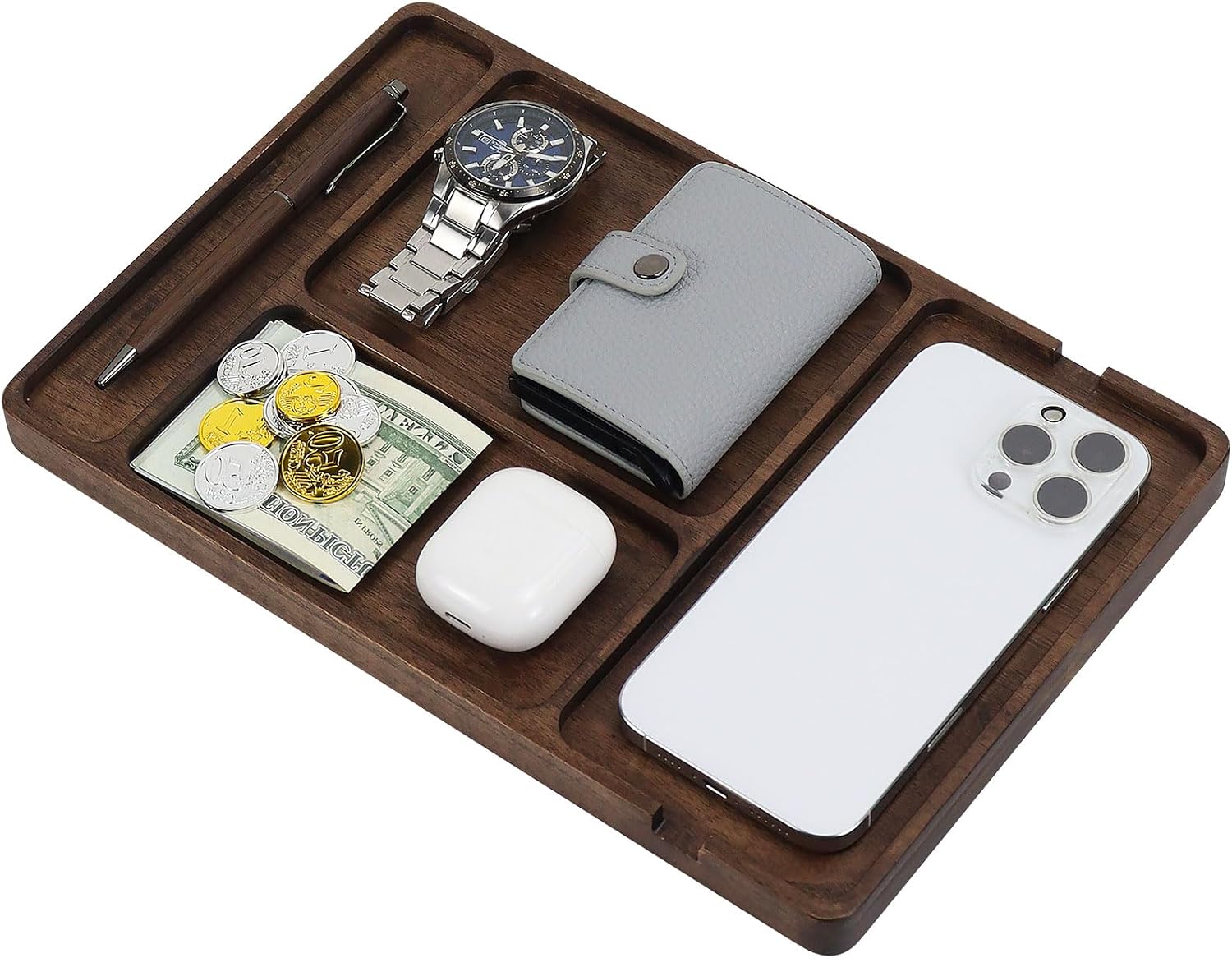 Buqoo Walnut Valet Tray with Cable Slot - 11.7 x 7.9 Inch Wooden Catch All Organizer Tray, Desk & Nightstand Organizer for Keys, Wallet, Jewelry, Phone, Watch, Earbuds