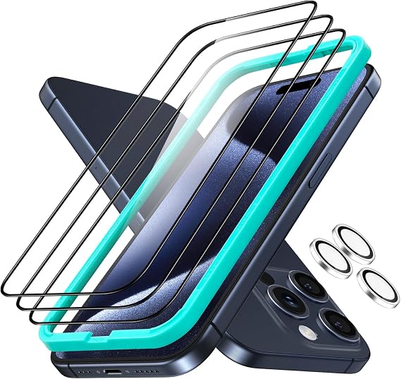 ESR iPhone 15 Pro için Armorite Ekran Koruyucu Seti, Ultra Sert Temperli Cam, Kolay Kurulum Çerçevesi, 1 Set Bireysel Kamera Lens Koruyuculu 3'lü Paket