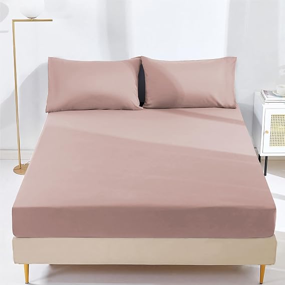 Double Fitted Sheet Non Iron Wrinkle, 25cm Deep Ultra Soft Microfiber Elastic Fitted Bed Sheets Easy Care, Fade Resistant (Blush)