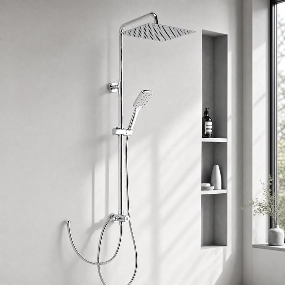 OFFO Shower Set, Shower Column without Tap, 20 x 20 cm Stainless Steel Rain Shower, with 1.6 m Shower Hose and Adjustable Height Shower Rod, Chrome