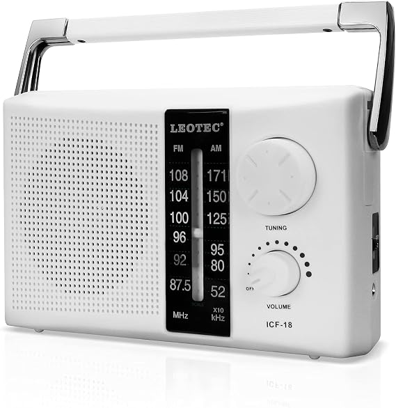 LEOTEC AM FM Radyo Transistör Radyo Pil veya AC Powered ile Mükemmel Resepsiyon, İyi Sesler Büyük Hoparlörler, Büyük ve Hassas Ayar Düğmesi, Kulaklık Jack Beyaz