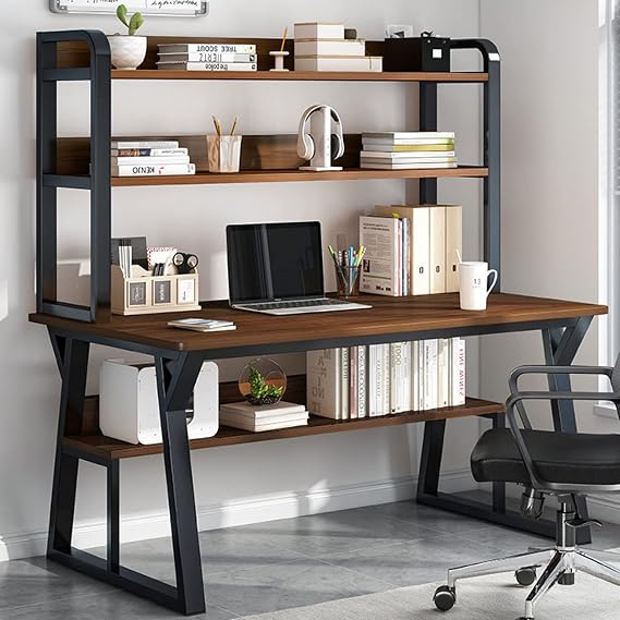 Computer Desk with Storage Shelves and Bookcase - Modern Writing Workstation for Home and Office with Sturdy Metal Frame