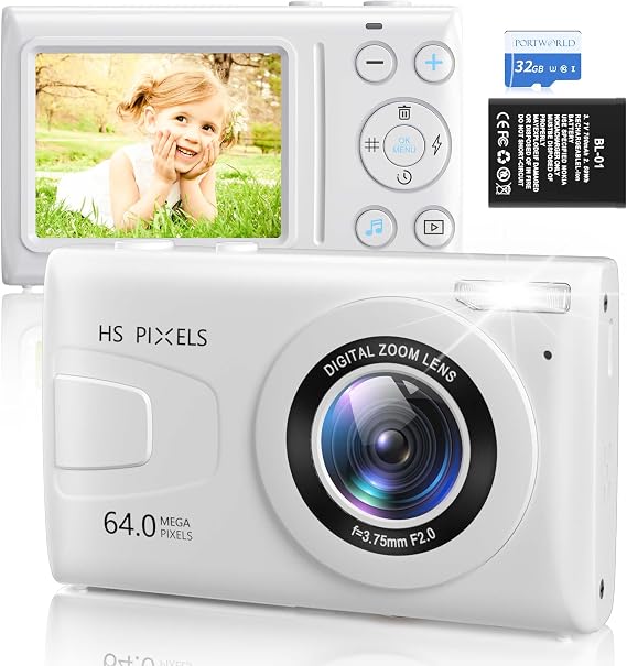 4K Compact Digital Camera for Kids: 64MP Camera with 32GB MicroSD Card 18X Digital Zoom, Point and Shoot Camera for Girls Birthday Gift