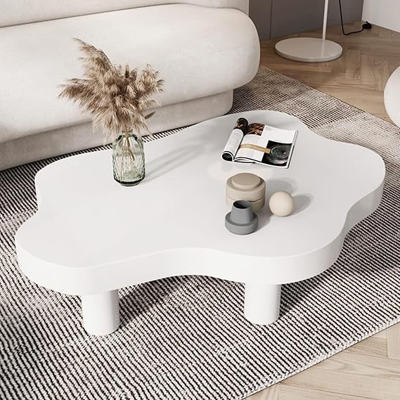 Modern Coffee Table Cloud Shape,Irregular Low Center Table with 3 Legs,Solid Wood Cocktail Tables Round Corner,Living Room Furniture(43.3" Lx31.5 Wx16 H, White)