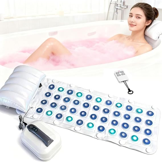 Portable Spa Bubble Bath Massager, Bubble Mat for Bathtub with Remote, 6-Speed Adjustable, Bubble Bath Mat with Non-slipsuction Cup, Pillow, Bathtub Spa Mat for Body Relaxation