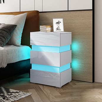 Bedside Table with LED Lighting and 3 Drawers - White High Gloss Chest of Drawers Side Table Sofa Table for Bedroom Living Room